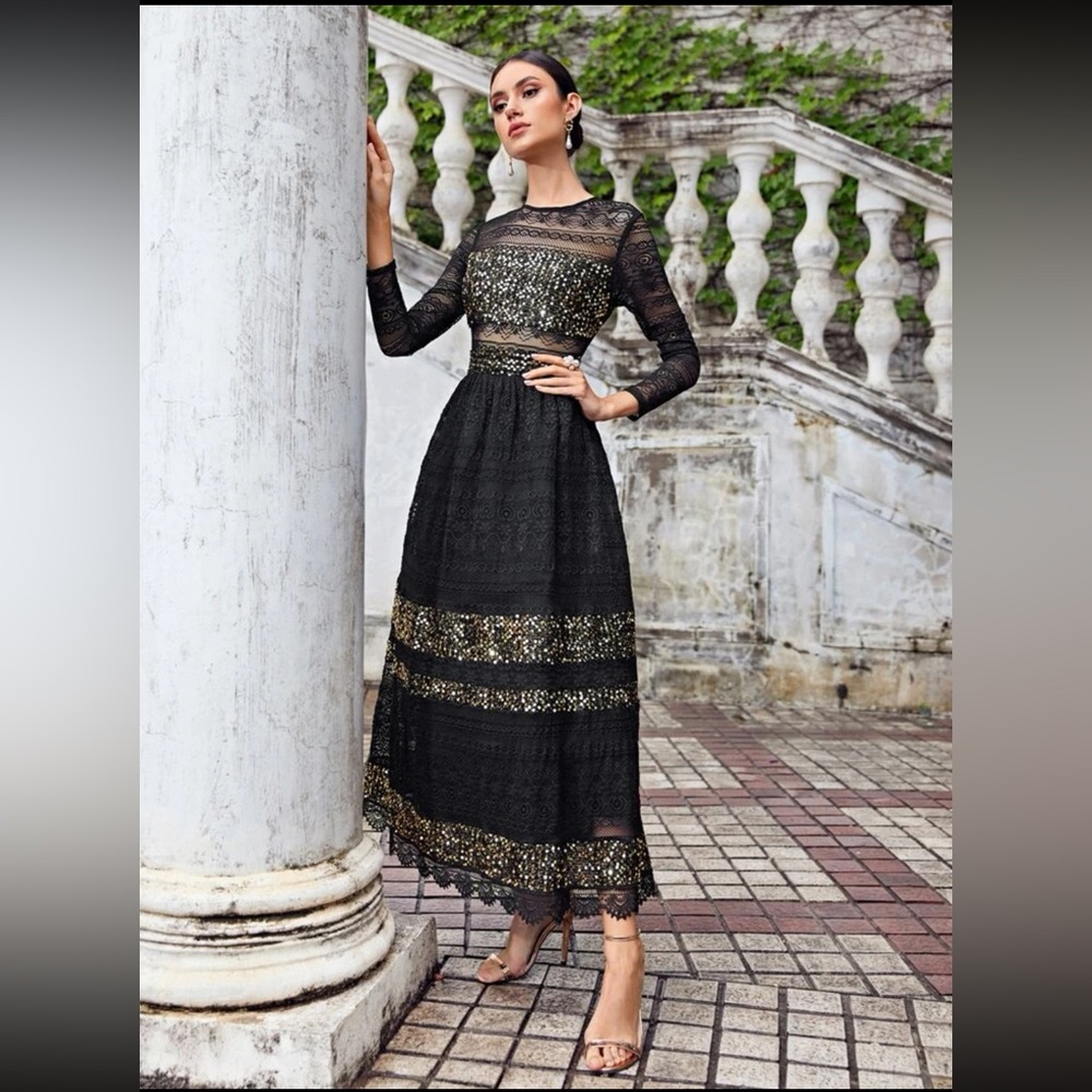 New Black Lace and Gold Sequin Party Dress